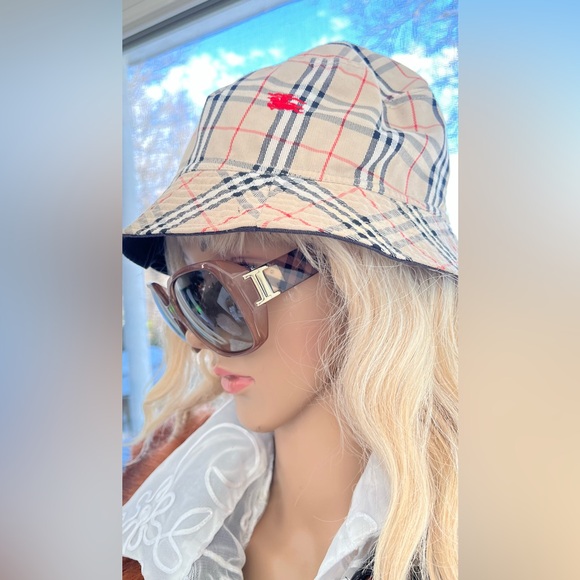Burberry Accessories - Burberry Beige Plaid Bucket Hat with Red Detail Reversible